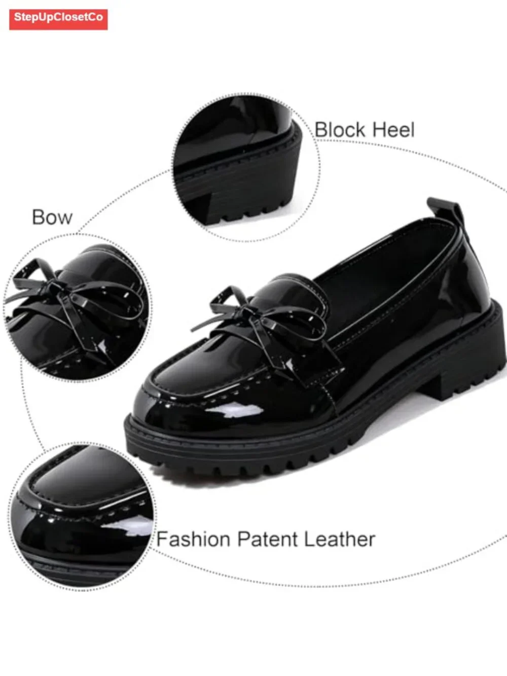 Patent Leather Bow Loafers Chunky Heel Lug Sole Round Toe Slip-On Work Shoes